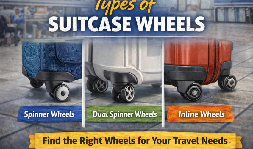 Types of Suitcase Wheels include spinner wheels, inline skate wheels, and fixed wheels. Spinner wheels rotate 360 degrees for easy maneuvering. Inline skate wheels are durable and smooth on rough surfaces. Fixed wheels are basic and only roll forward and backward.