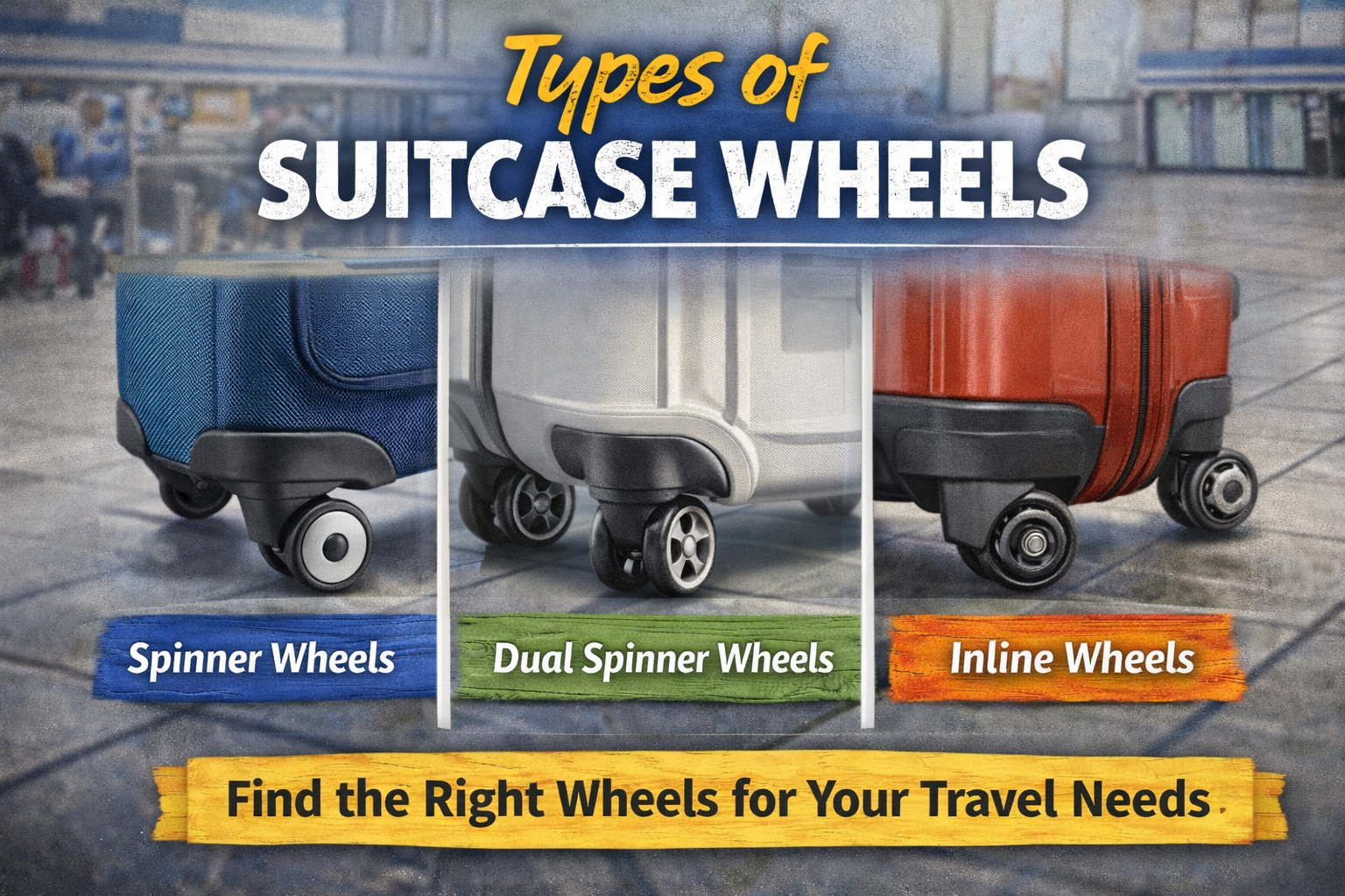 Types of Suitcase Wheels include spinner wheels, inline skate wheels, and fixed wheels. Spinner wheels rotate 360 degrees for easy maneuvering. Inline skate wheels are durable and smooth on rough surfaces. Fixed wheels are basic and only roll forward and backward.